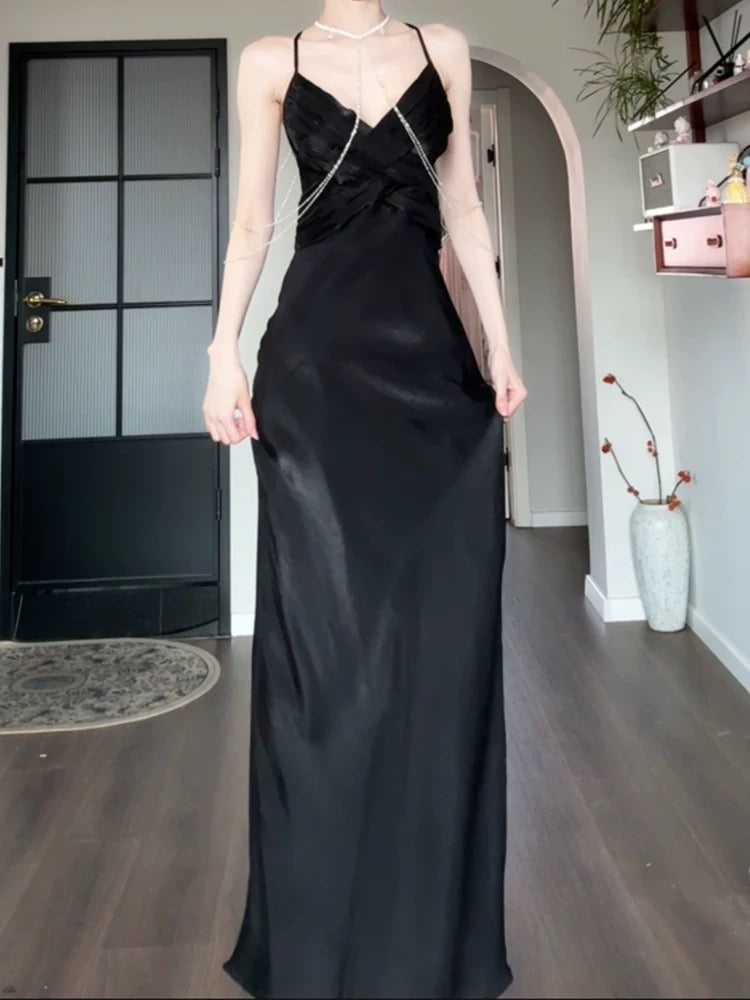 Pretty Sheath Spaghetti Straps Black Silk Satin Prom Dresses Sexy Evening Dress