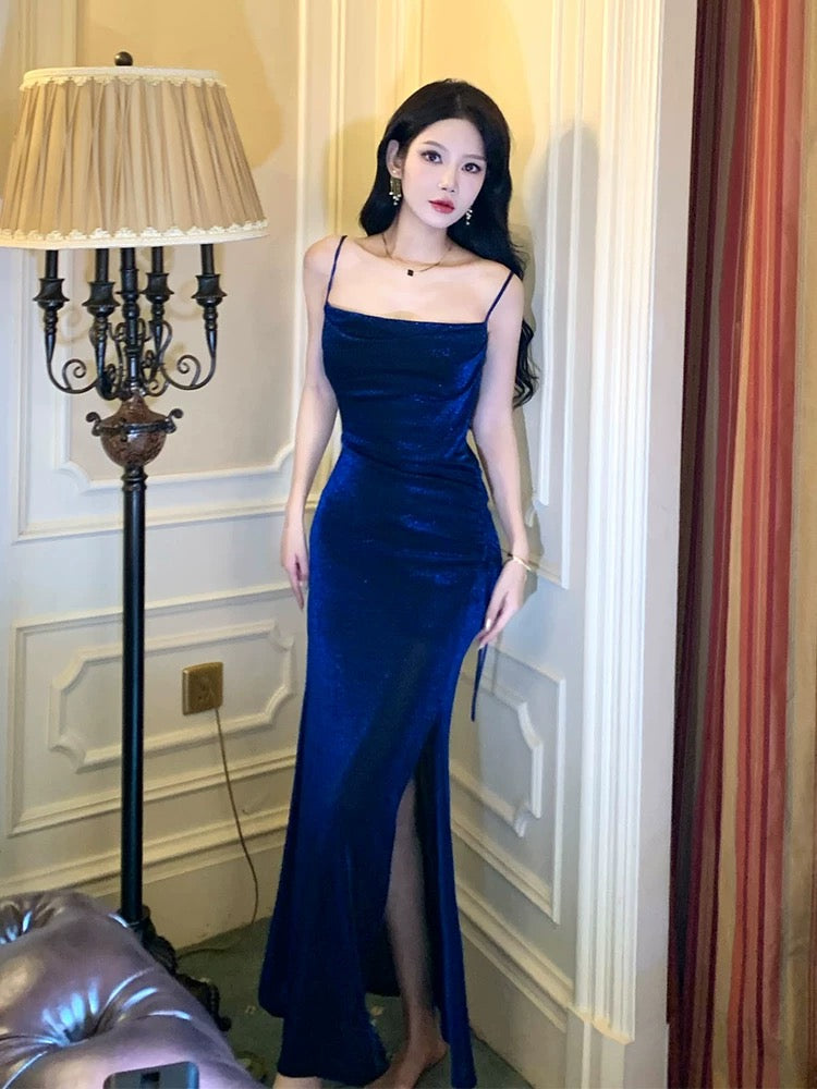 Pretty Sheath Straps Floor Length Royal Blue Slit Prom Dresses Simple Evening Dress