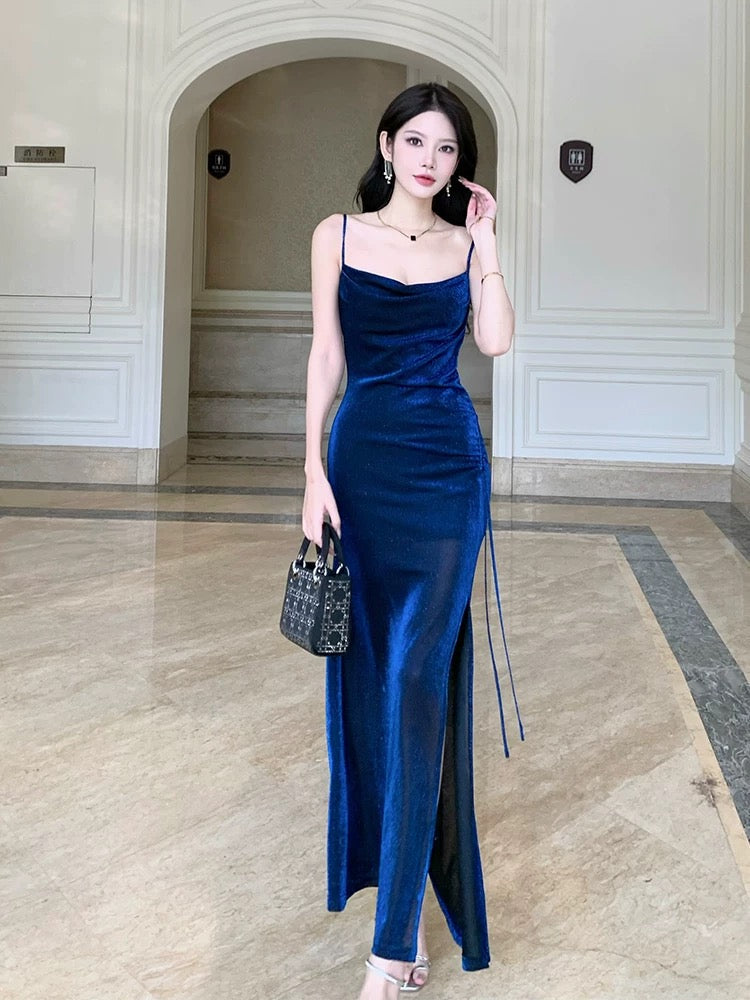 Pretty Sheath Straps Floor Length Royal Blue Slit Prom Dresses Simple Evening Dress