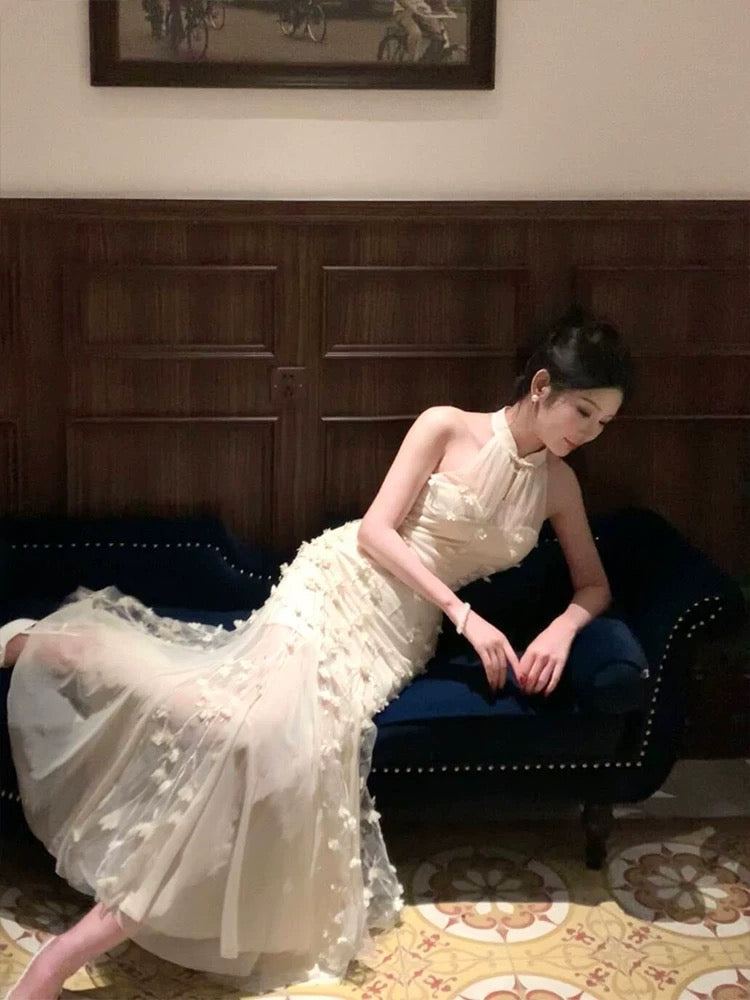 Modest Mermaid High Neckline White Tulle Floral Prom Dresses Sexy Evening Dress