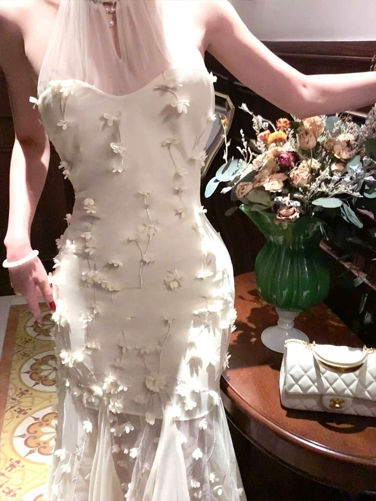 Modest Mermaid High Neckline White Tulle Floral Prom Dresses Sexy Evening Dress