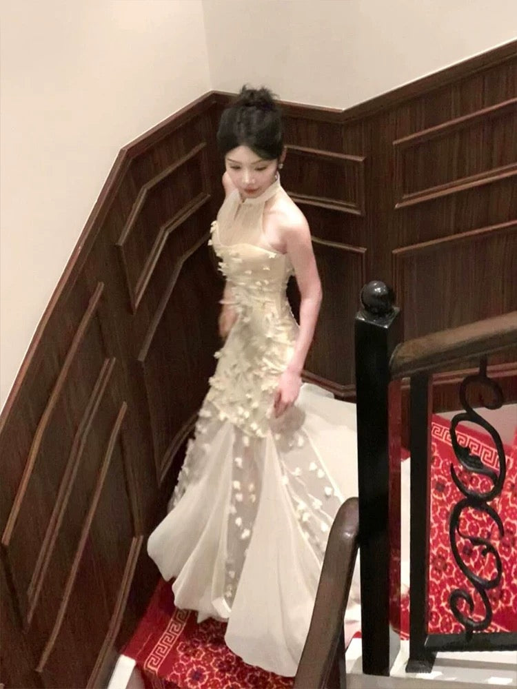 Modest Mermaid High Neckline White Tulle Floral Prom Dresses Sexy Evening Dress
