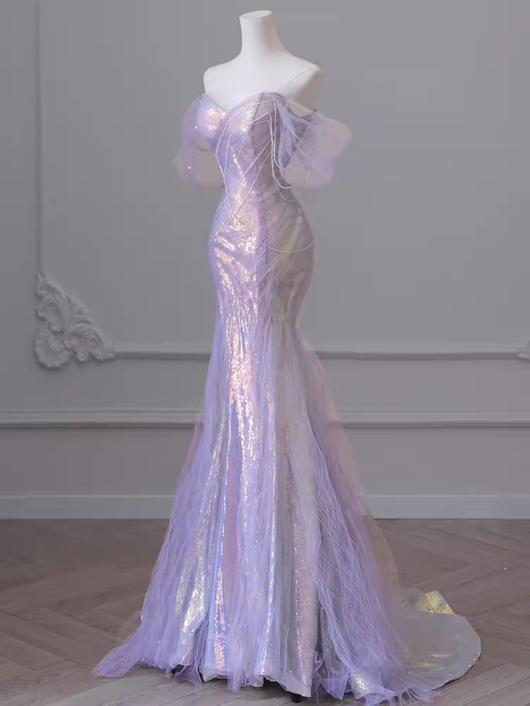 Sexy Mermaid Off The Shoulder Light Lilac Long Prom Dresses Tulle Birthday Outfits