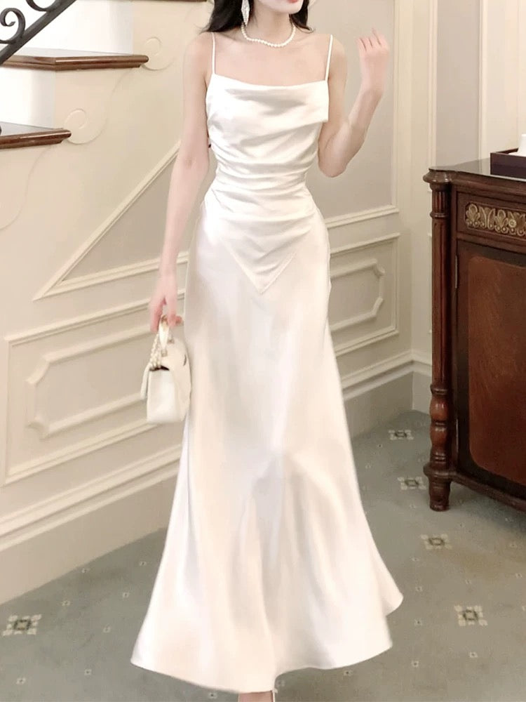 Modest Sheath Spaghetti Straps White Long Prom Dresses Sexy Evening Dress