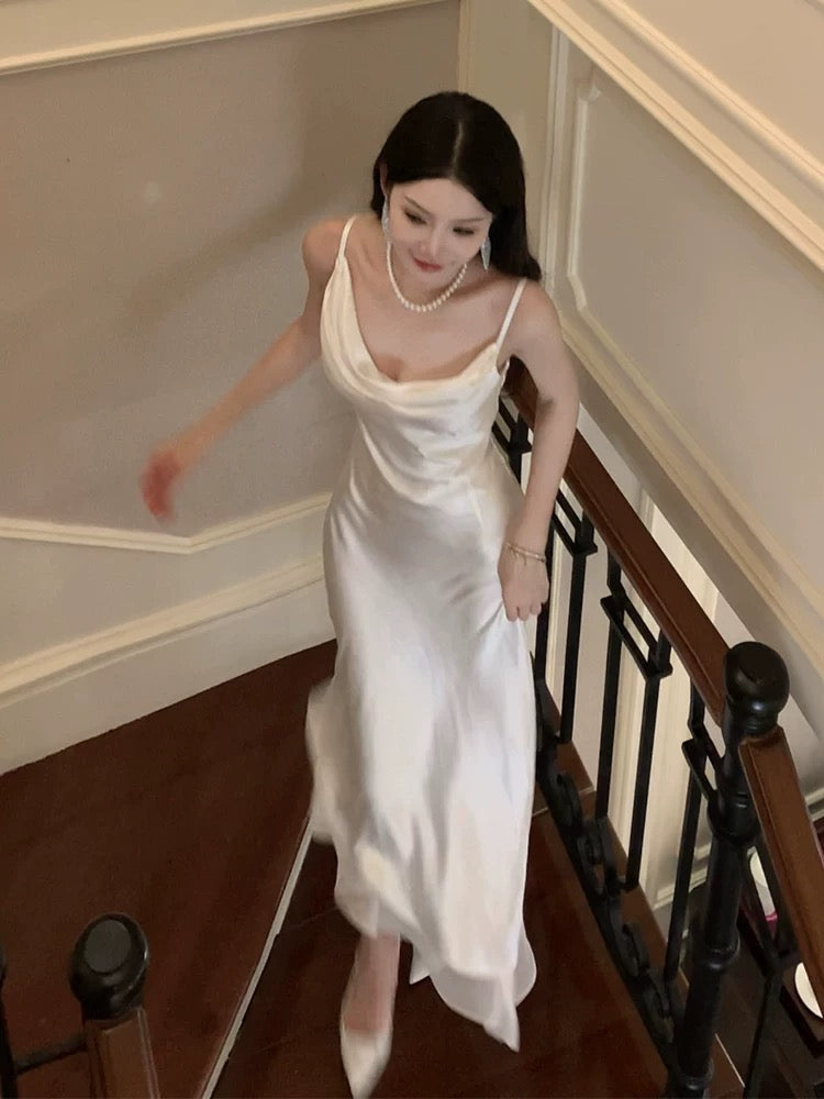 Vintage Sheath Spaghetti Straps Ivory Long Prom Dresses