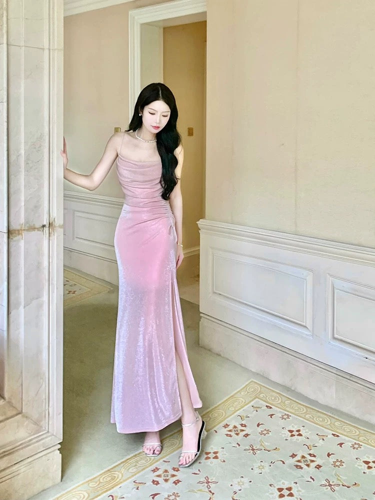 Pretty Mermaid Spaghetti Straps Sequin Pink Slit Long Prom Dresses