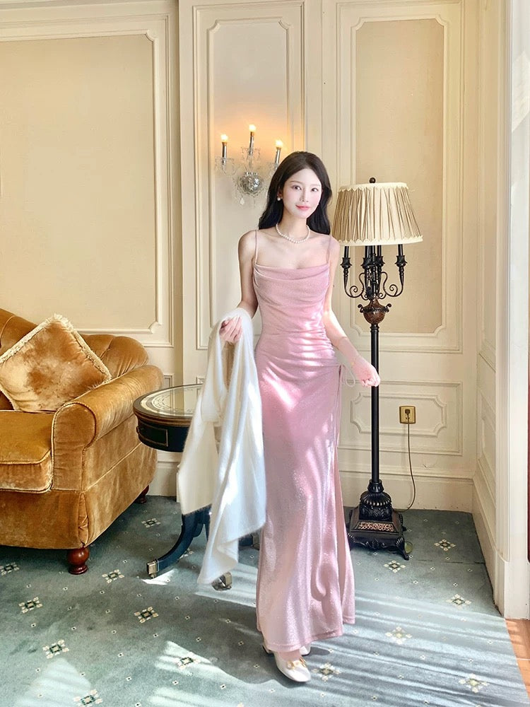 Pretty Mermaid Spaghetti Straps Sequin Pink Slit Long Prom Dresses