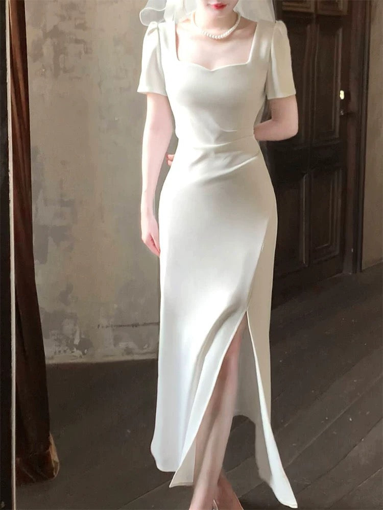 Pretty Mermaid Sweetheart White Satin Slit Long Prom Dresses
