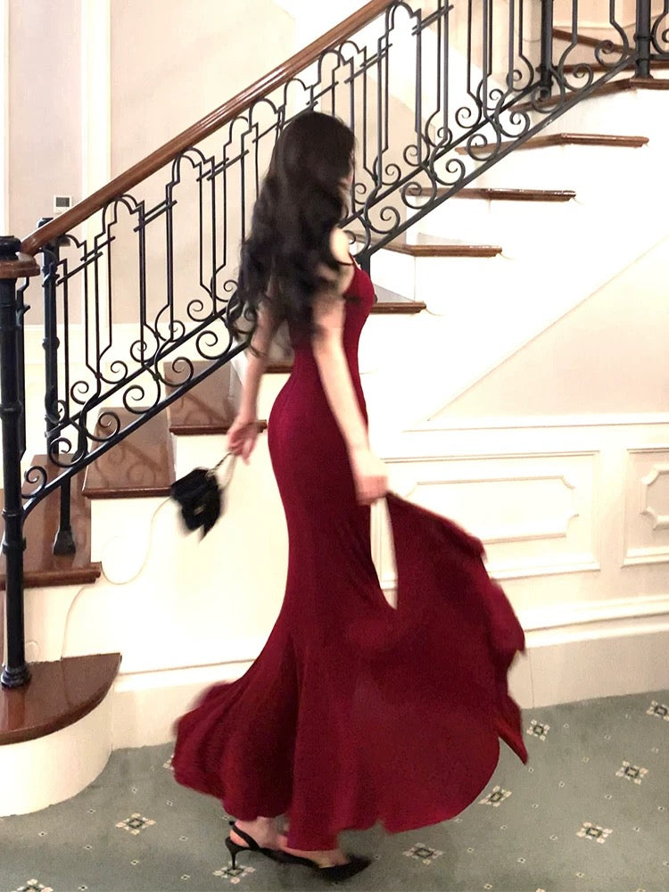 Pretty Mermaid Spaghetti Straps Burgundy Velvet Long Prom Dresses