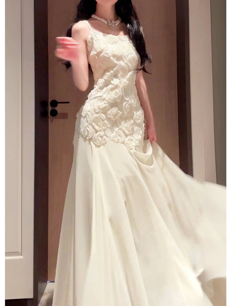 Pretty Mermaid Spaghetti Straps White Floral Lace Long Prom Dresses