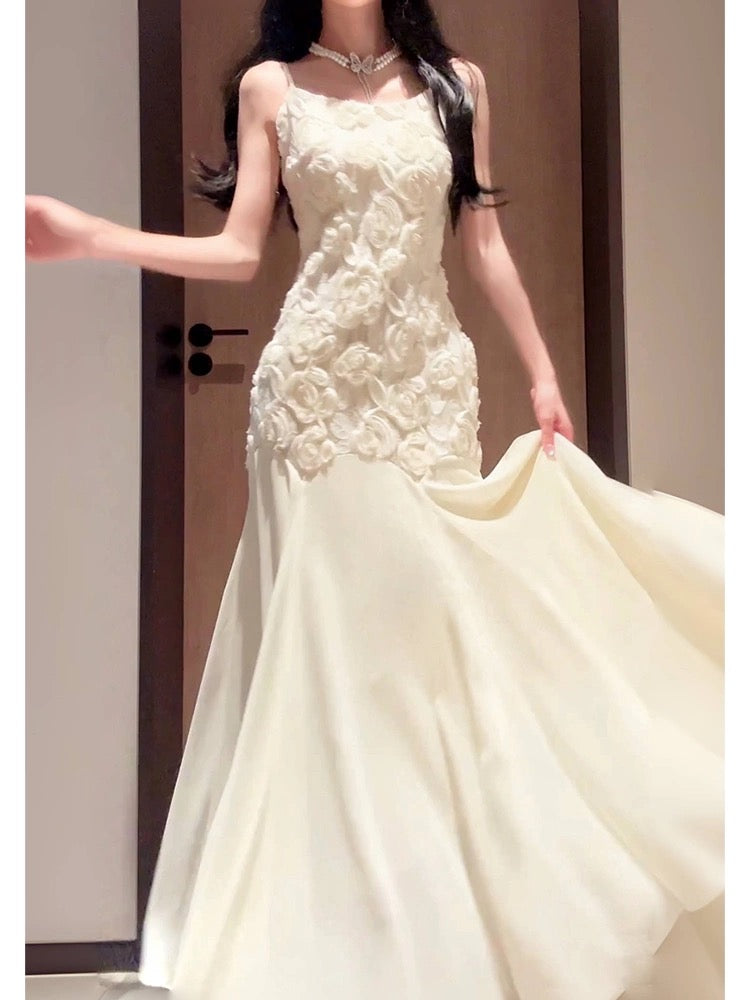 Pretty Mermaid Spaghetti Straps White Floral Lace Long Prom Dresses