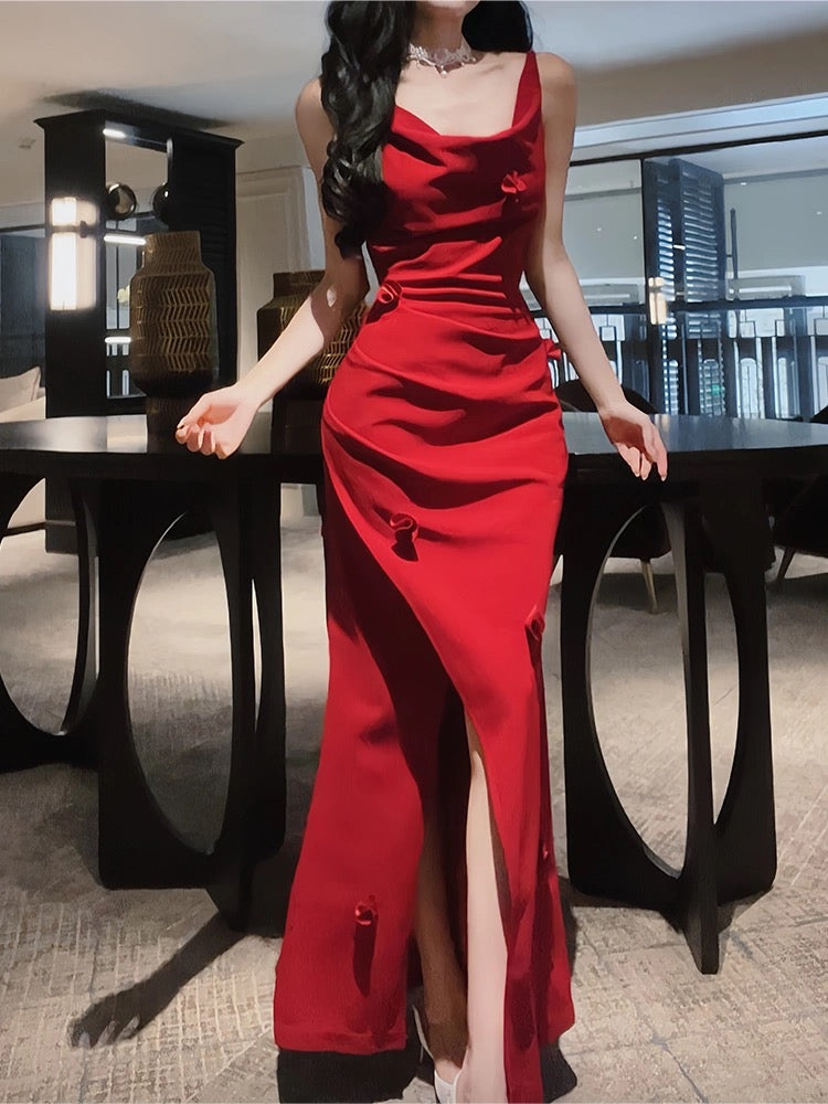 Pretty Mermaid Spaghetti Straps Burgundy Satin Slit Long Prom Dresses