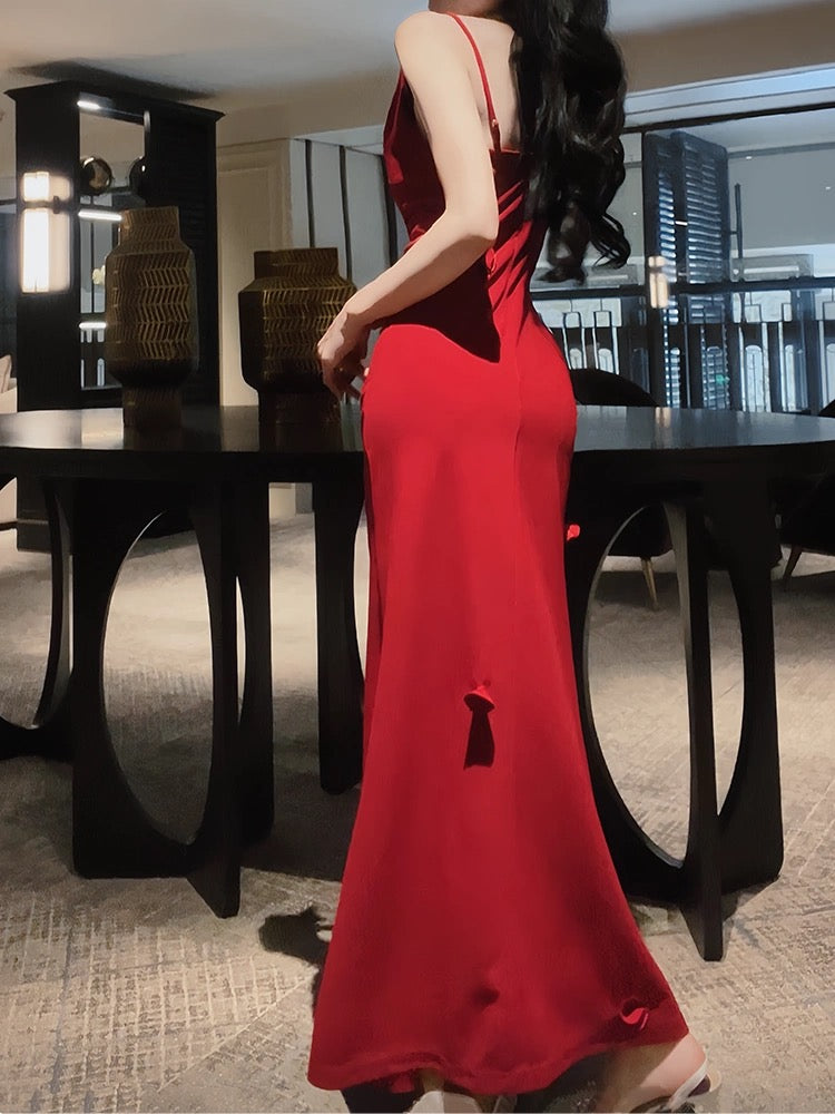 Pretty Mermaid Spaghetti Straps Burgundy Satin Slit Long Prom Dresses