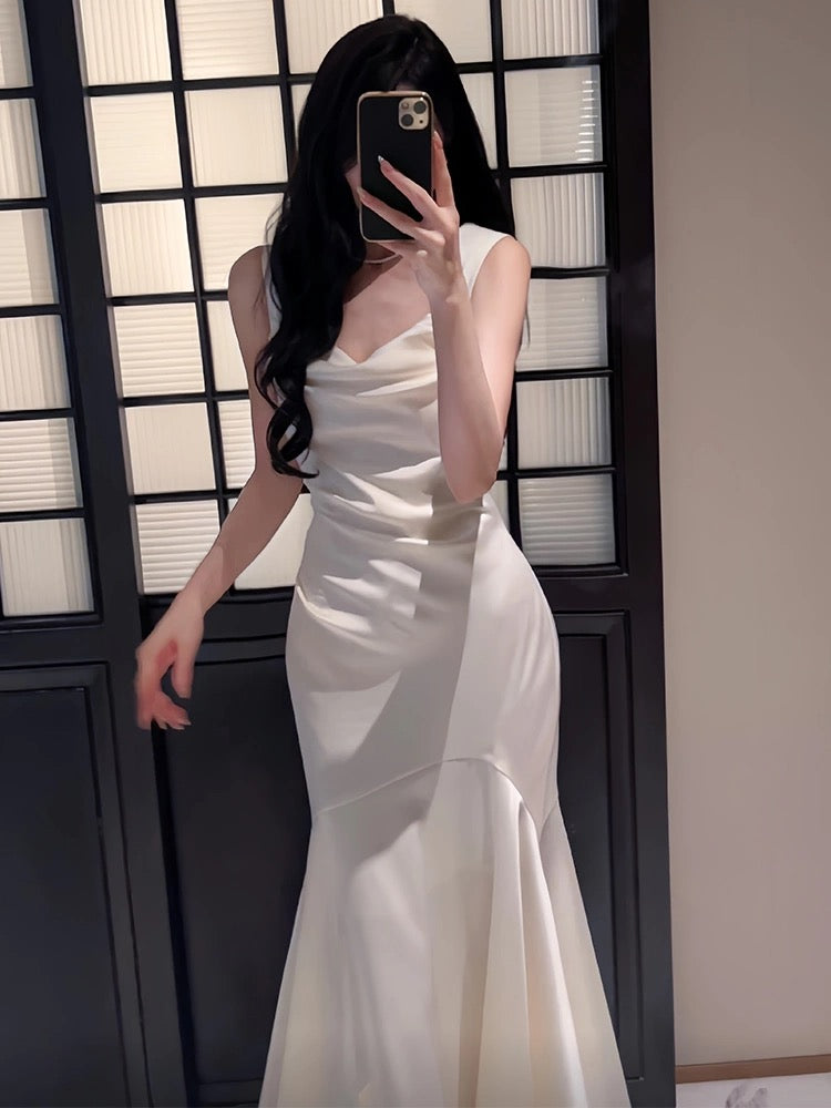 Pretty Mermaid Straps Ivory Silk Satin Long Prom Dresses