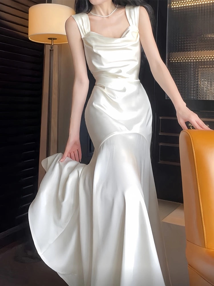 Pretty Mermaid Straps Ivory Silk Satin Long Prom Dresses