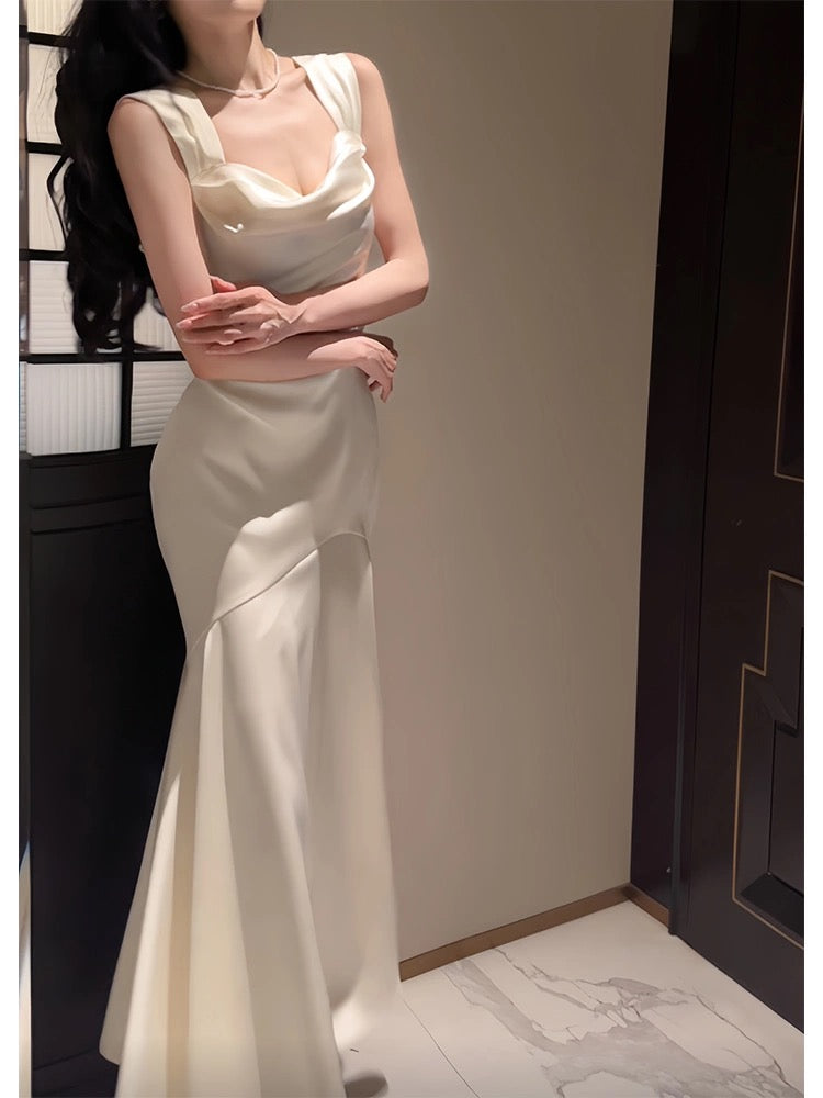 Pretty Mermaid Straps Ivory Silk Satin Long Prom Dresses