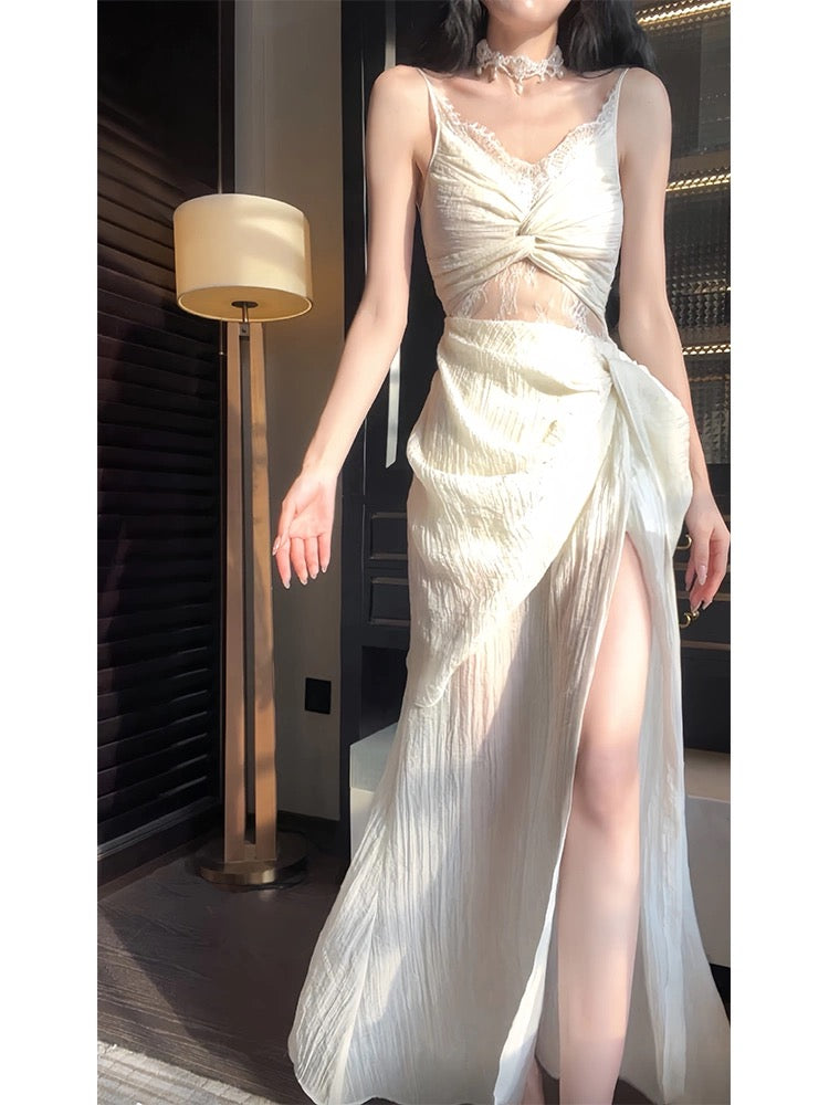 Pretty Sheath Spaghetti Straps Slit Ivory Long Prom Dresses