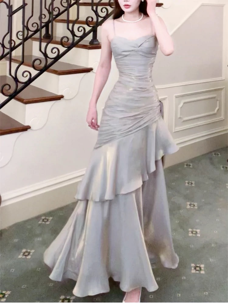 Pretty Sheath Spaghetti Straps Satin Long Prom Dresses