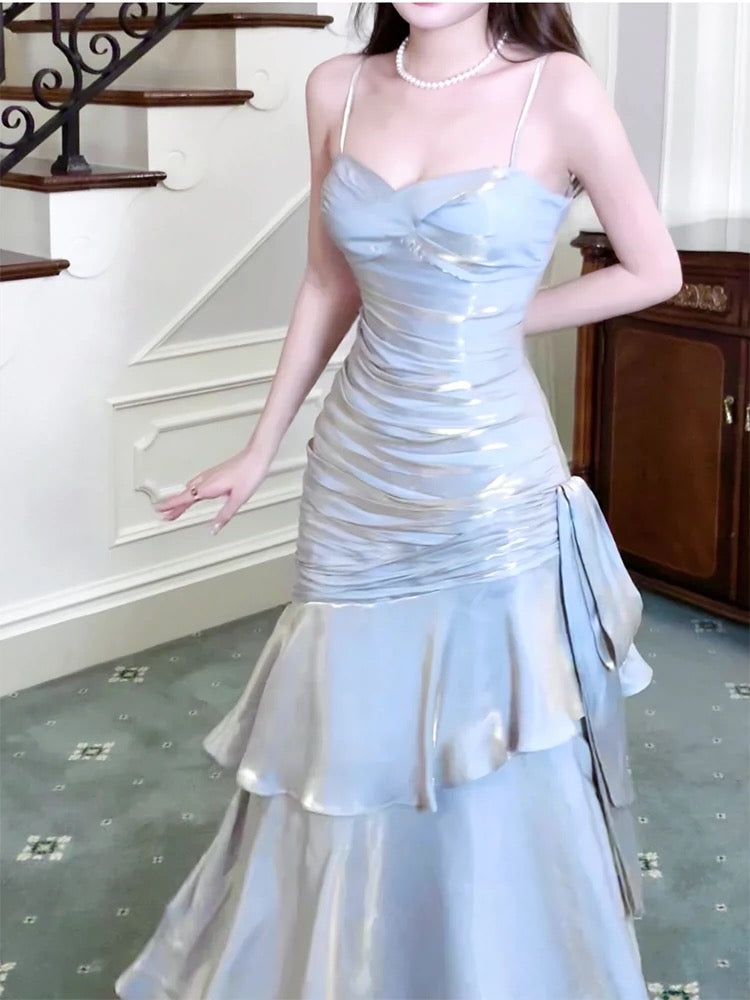 Pretty Sheath Spaghetti Straps Satin Long Prom Dresses