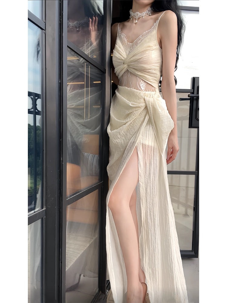 Pretty Sheath Spaghetti Straps Slit Ivory Long Prom Dresses