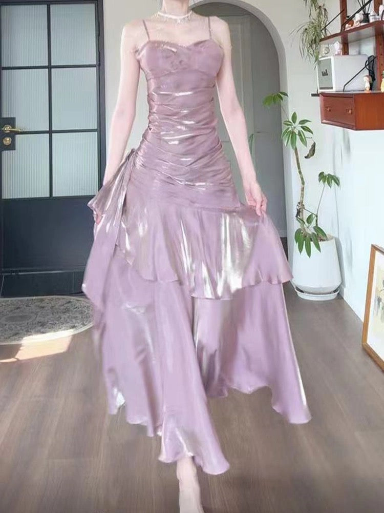 Pretty Sheath Spaghetti Straps Lilac Ruffles Long Prom Dresses