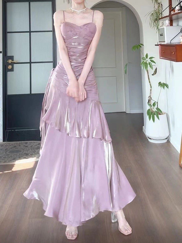 Pretty Sheath Spaghetti Straps Lilac Ruffles Long Prom Dresses