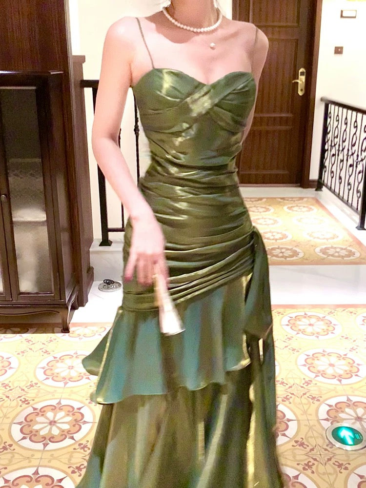 Pretty Sheath Spaghetti Straps Green Ruffles Long Prom Dresses