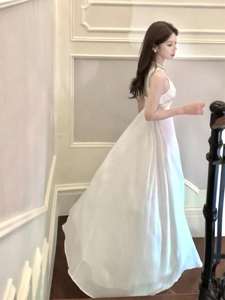 Sexy A line Straps Sleeveless White Chiffon Long Prom Dresses