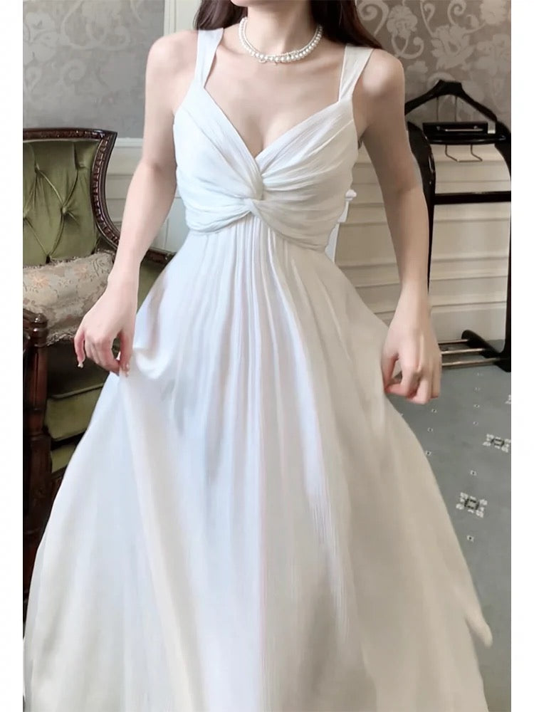 Sexy A line Straps Sleeveless White Chiffon Long Prom Dresses