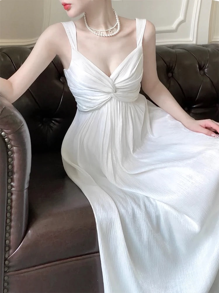Sexy A line Straps Sleeveless White Chiffon Long Prom Dresses