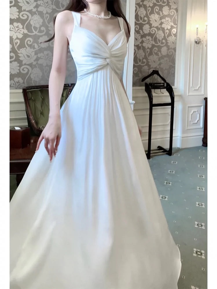 Sexy A line Straps Sleeveless White Chiffon Long Prom Dresses