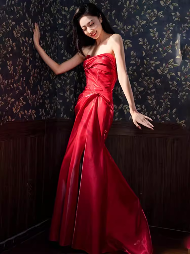 Sexy Mermaid Sweetheart Satin Long Prom Dresses Red Slit Birthday Outfits