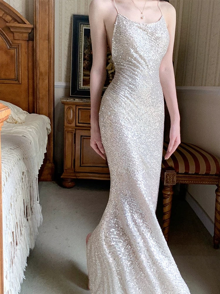 Pretty Sheath Halter Sequin Long Prom Dresses Sexy Evening Dress