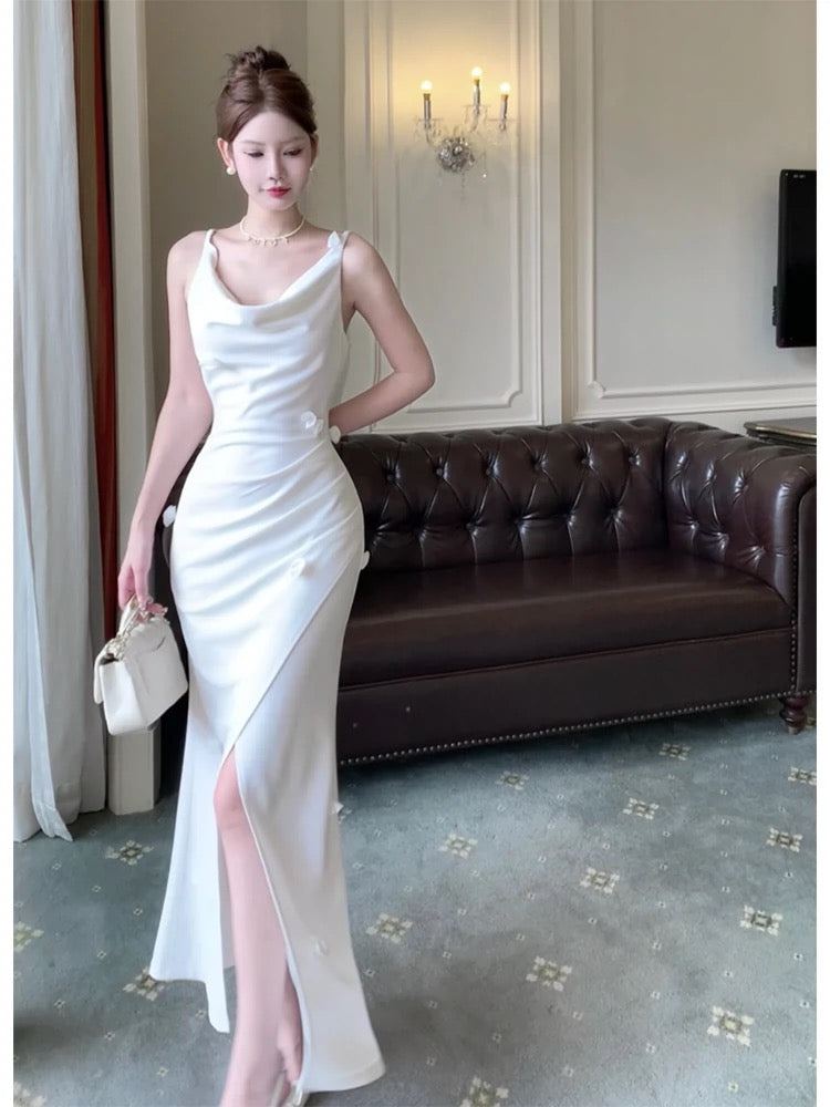 Pretty Mermaid Straps White Slit Long Prom Dresses Evening Dress
