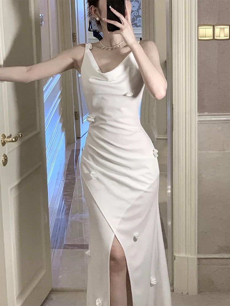 Pretty Mermaid Straps White Slit Long Prom Dresses Evening Dress