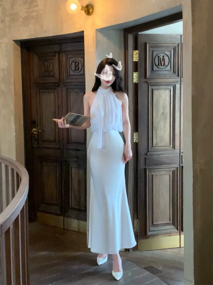 Pretty Mermaid Halter Sleeveless White Chiffon Long Prom Dresses Evening Dress