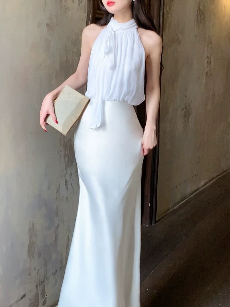 Pretty Mermaid Halter Sleeveless White Chiffon Long Prom Dresses Evening Dress