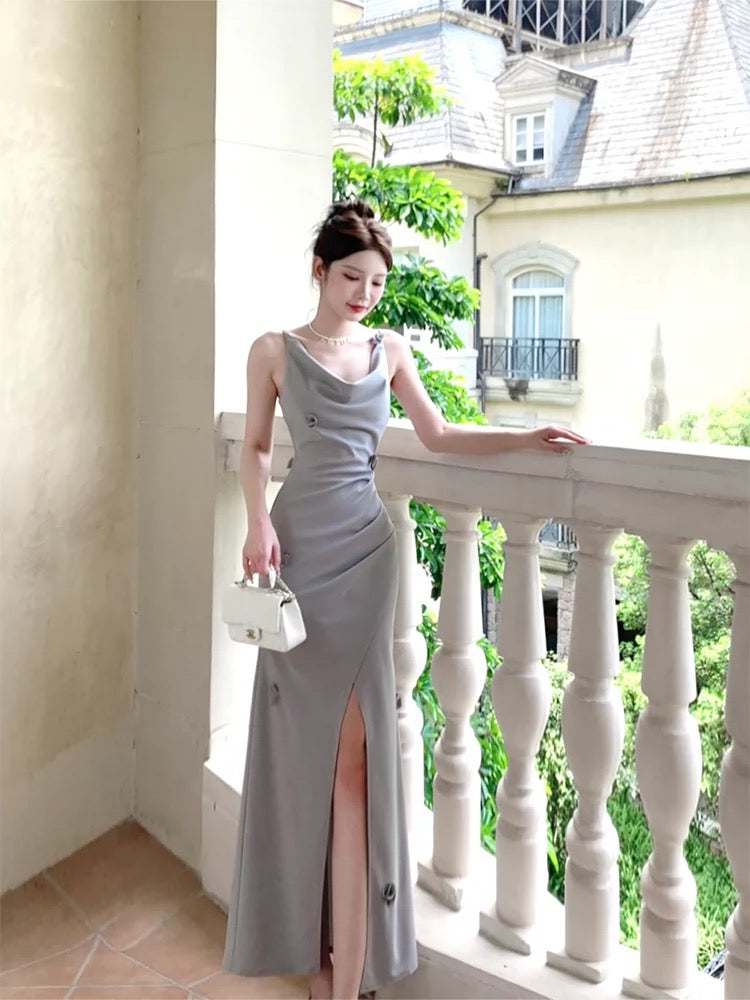 Pretty Mermaid Straps Gray Satin Slit Long Prom Dresses Evening Dress