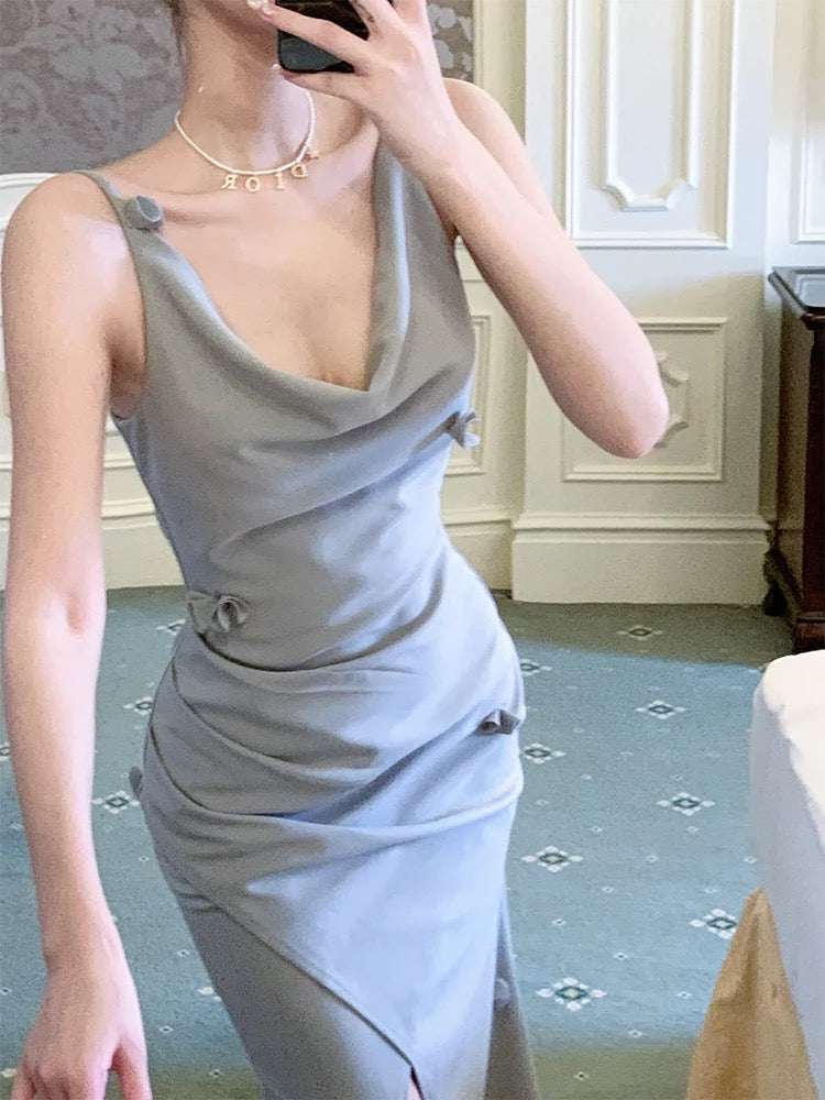 Pretty Mermaid Straps Gray Satin Slit Long Prom Dresses Evening Dress