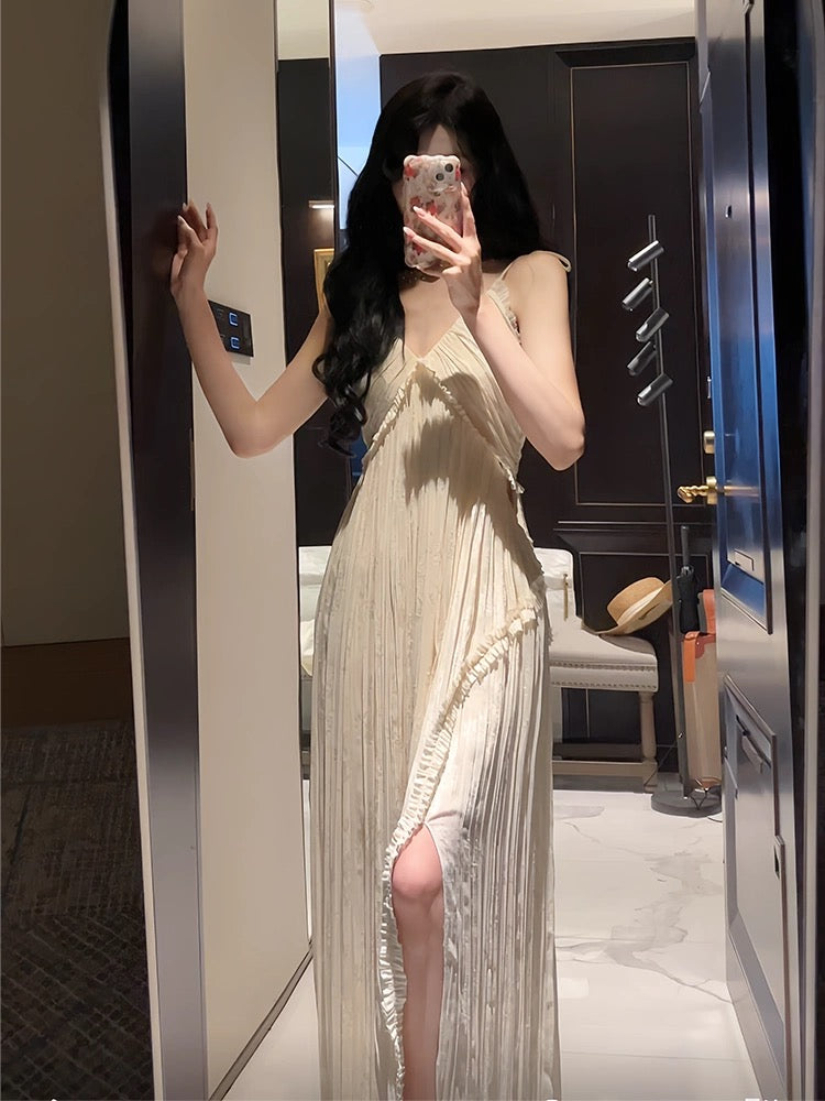 Sexy A Line Spaghetti Straps Chiffon Floor Length Slit Prom Dresses Evening Dress