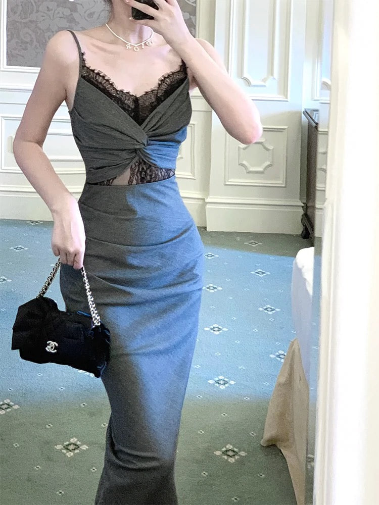 Sexy Sheath Spaghetti Straps Gray Long Length Prom Dresses Evening Dress