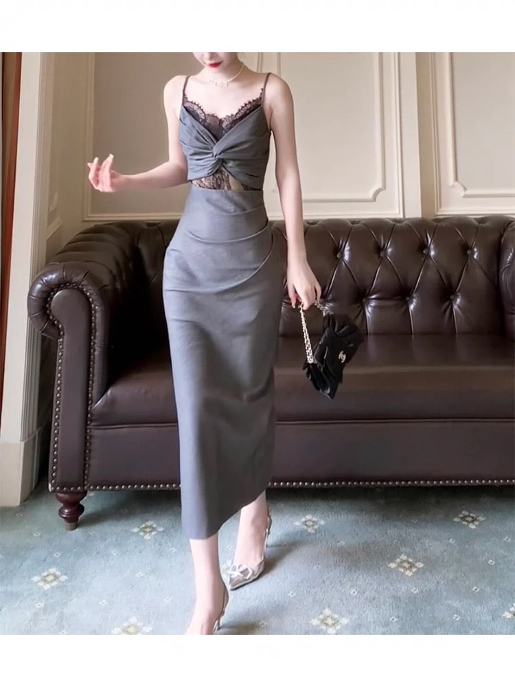 Sexy Sheath Spaghetti Straps Gray Long Length Prom Dresses Evening Dress