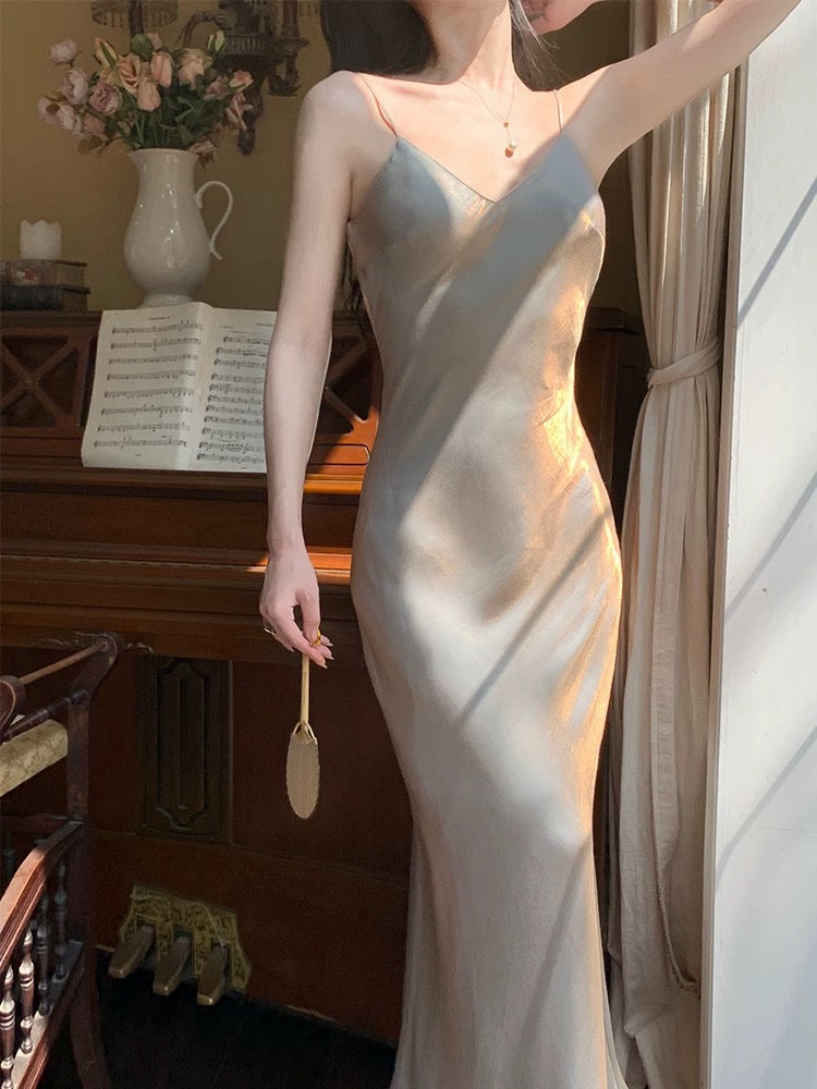 Sexy Sheath Spaghetti Straps Champagne Ankle Length Prom Dresses Evening Dress