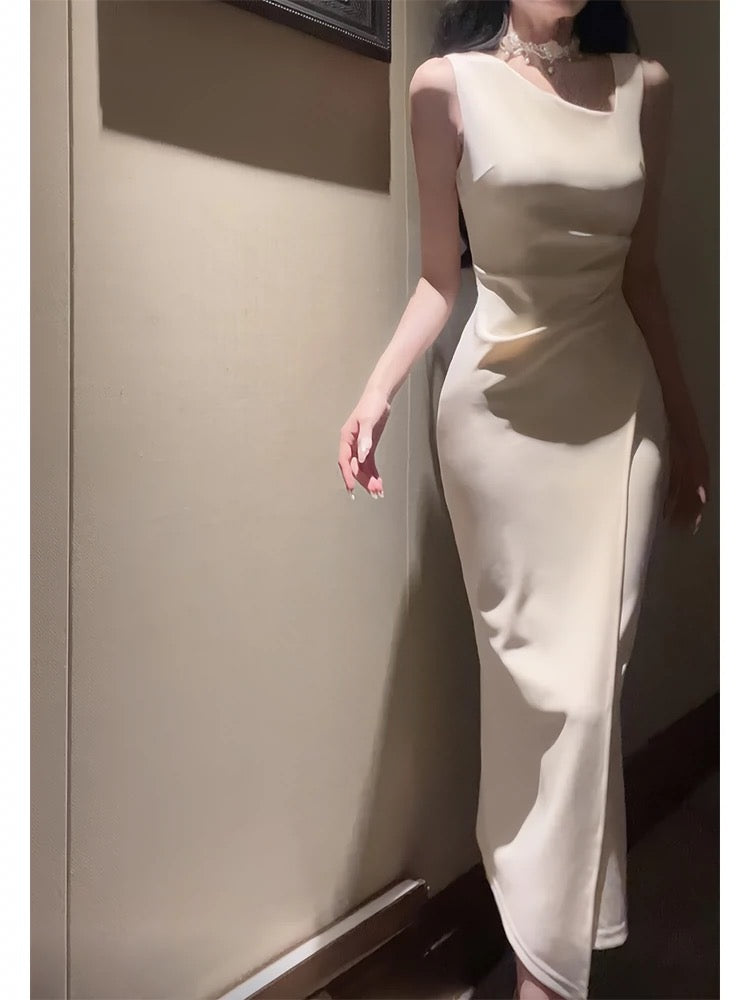 Sexy Sheath Ivory Satin Slit Ankle Length Prom Dresses Evening Dress