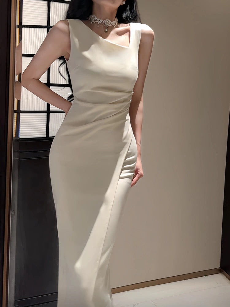 Sexy Sheath Ivory Satin Slit Ankle Length Prom Dresses Evening Dress