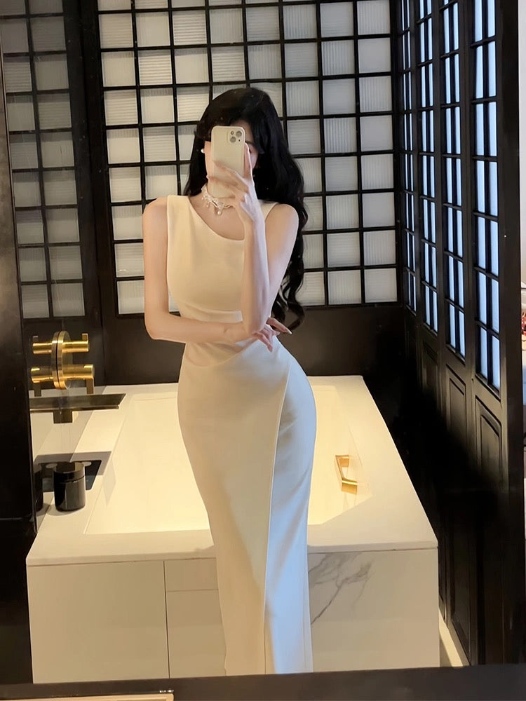 Sexy Sheath Ivory Satin Slit Ankle Length Prom Dresses Evening Dress