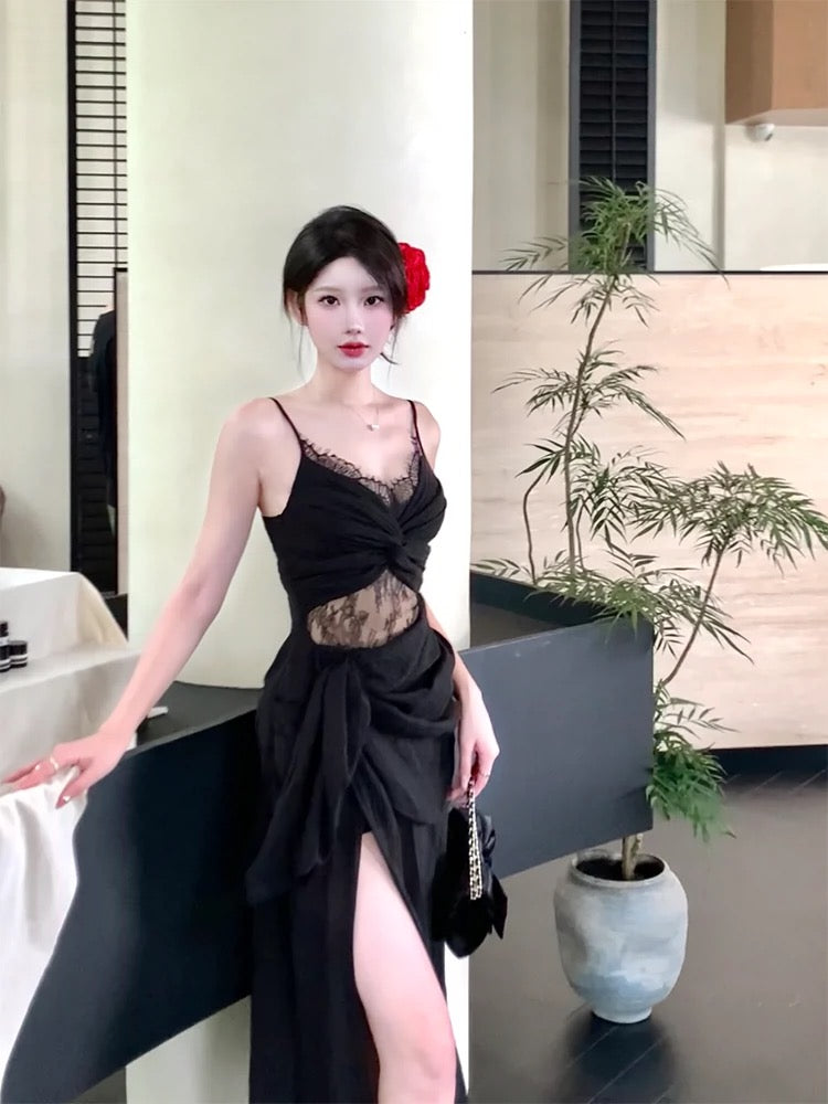 Pretty Sheath Spaghetti Straps Black Ankle Length Prom Dresses Evening Dress