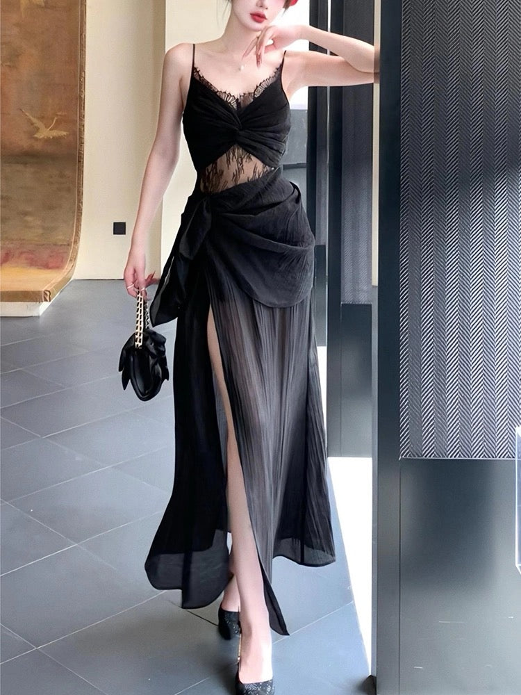 Pretty Sheath Spaghetti Straps Black Ankle Length Prom Dresses Evening Dress
