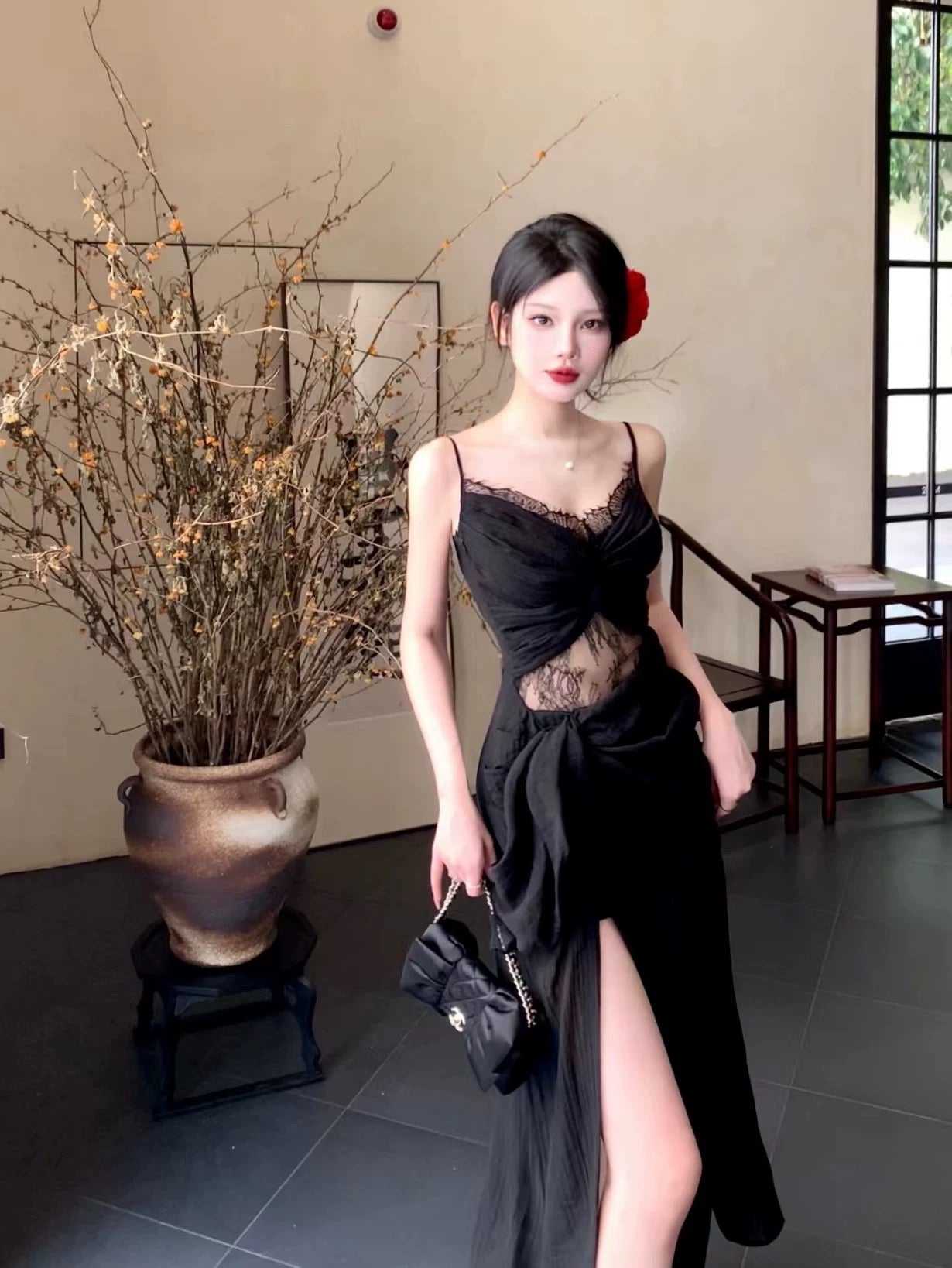 Pretty Sheath Spaghetti Straps Black Ankle Length Prom Dresses Evening Dress