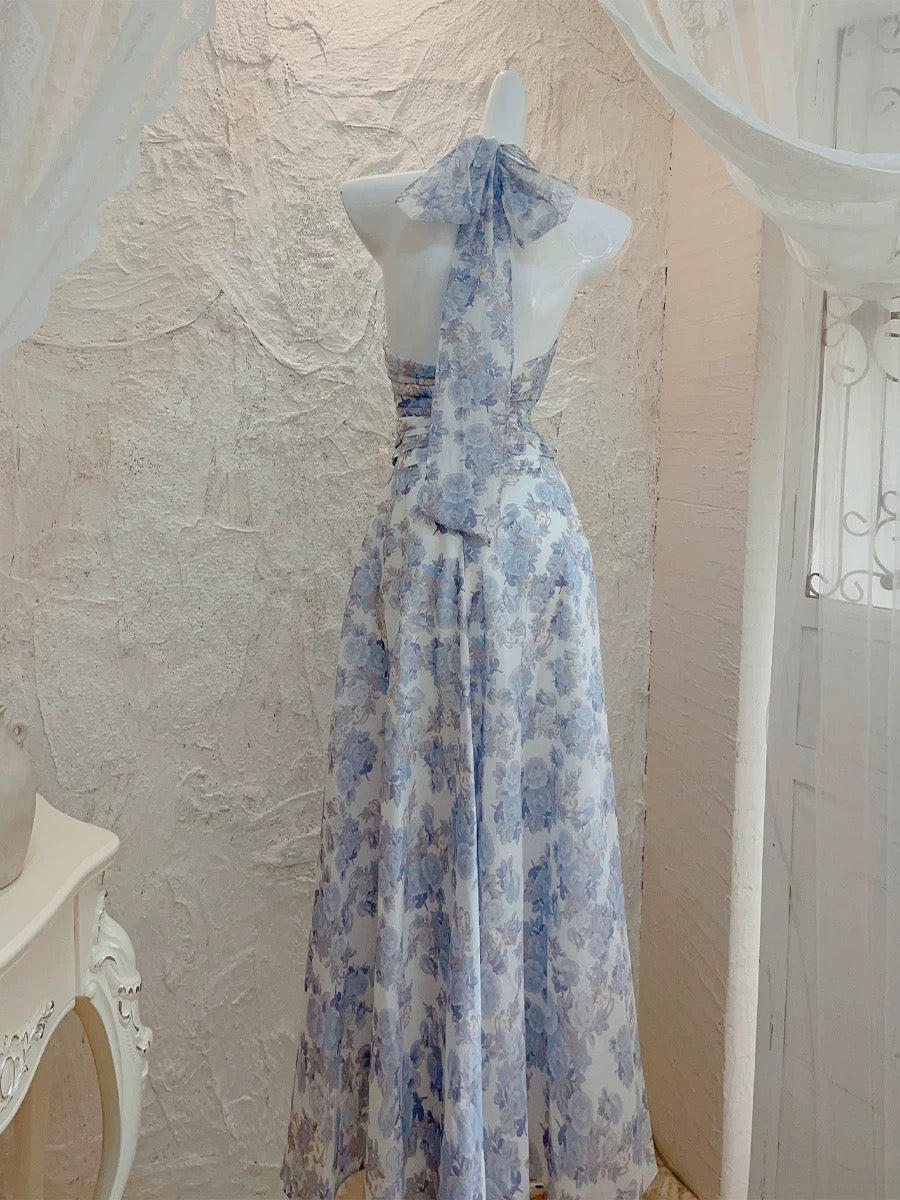 French A line Halter Lilac Floral Long Chiffon Prom Dresses Evening Dress